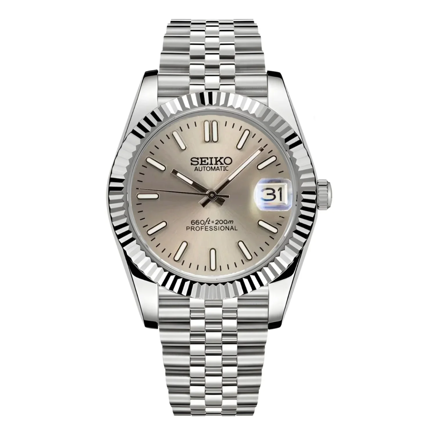 A silver SEIKO watch with a champagne-colored dial and a date display, featuring a stainless steel bracelet and a fluted bezel.